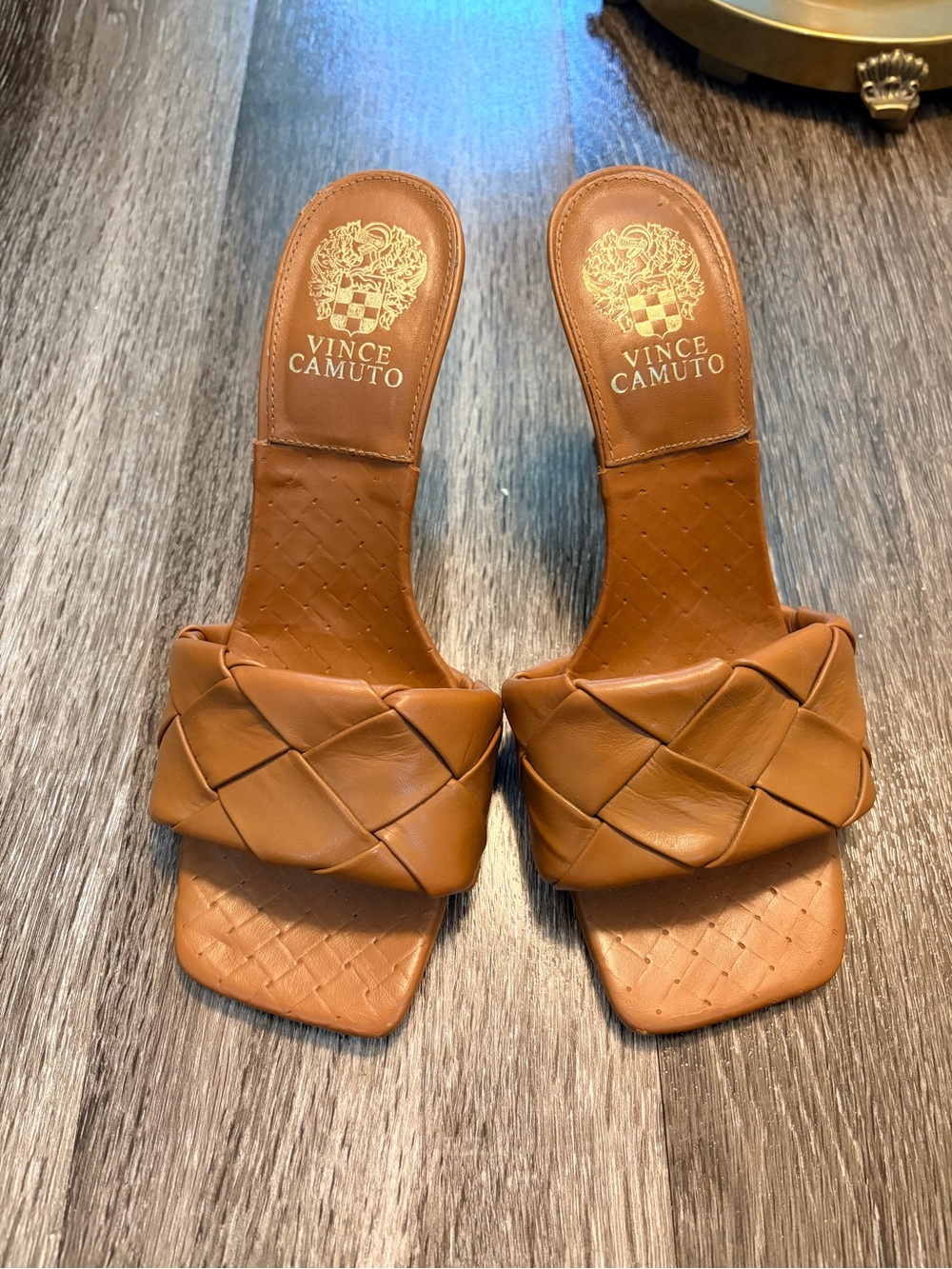 Vince Camuto Tan Braided Leather Slide Heels